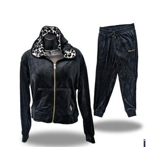 Juicy Couture Black Velour Hoodie & Joggers Set with Leopard Lined Hood
